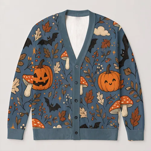 Halloween Pumpkins, Bats And Woodland Mushrooms For Cozy Autumn Layering Style Women All-over Print Knitted Cardigan