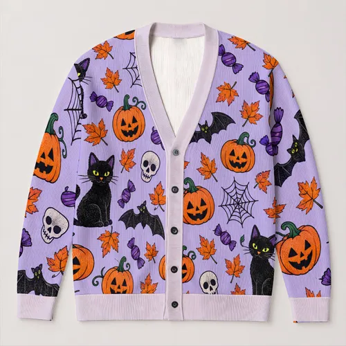 Halloween Cat, Pumpkin and Bat Motifs for Cozy Autumn Celebrations All-over Print Knitted Cardigan