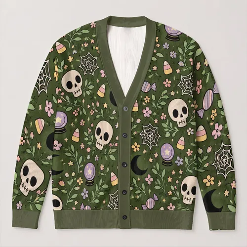 Halloween Skulls, Moons And Pastel Candy For Cozy Autumn Nights And Spooky Season All-over Print Knitted Cardigan