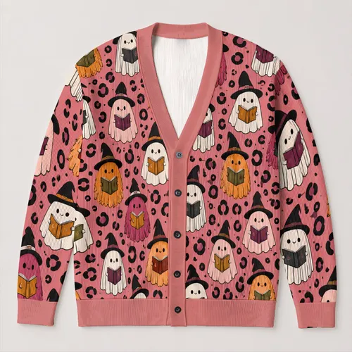 Reading Witch-Hat Ghosts for Cozy Halloween Book Nights and Whimsical Autumn Style All-over Print Knitted Cardigan