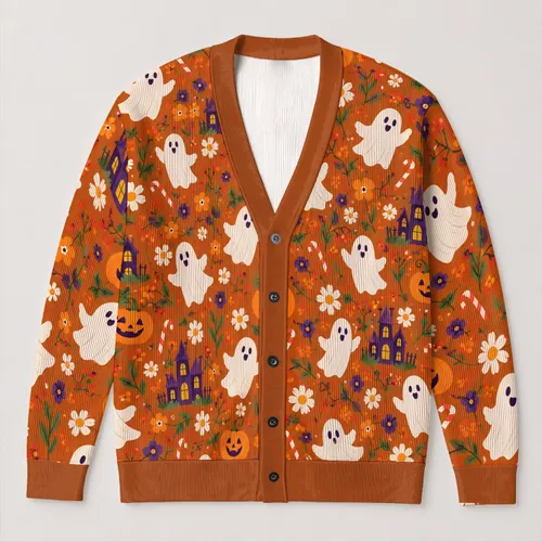 Halloween Ghosts, Pumpkins And Haunted House For Cozy Autumn Everyday Layering Women All-over Print Knitted Cardigan