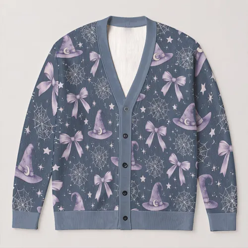 Lavender Witch Hats And Bows For Whimsical Autumn Nights And Cozy Everyday Style All-over Print Knitted Cardigan