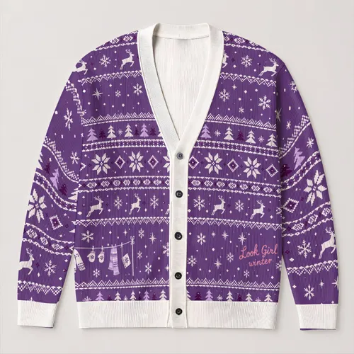 Purple Reindeer and Snowflake Nordic Winter Holiday Style for Teen Girls Daily Wear All-over Print Knitted Cardigan