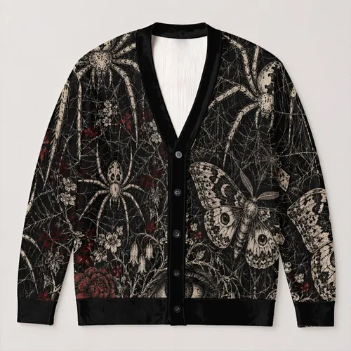 Gothic Spider Web Moth and Eye Motif for Halloween Layering All-over Print Knitted Cardigan