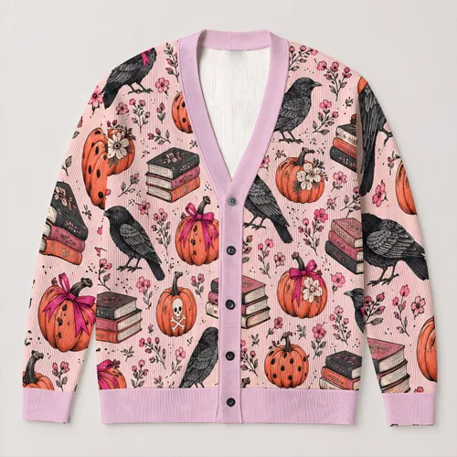 Pink Pumpkin Skull Crow Books Halloween Autumn Layering for Teens All-over Print Knitted Cardigan