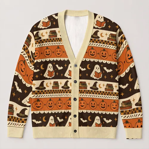 Halloween Pumpkins, Reading Ghosts and Witch Hats for Cozy Autumn Nights and Teen Style All-over Print Knitted Cardigan