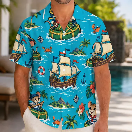 Cheerful Pirate Mouse Crew and Tall Ship for Family Cruise Vacation Adventures Together Hawaiian Shirt
