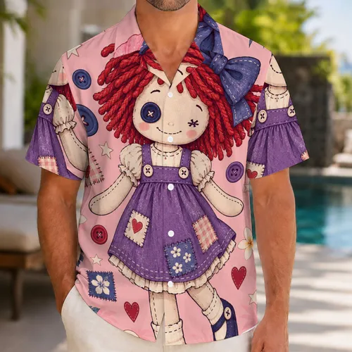 Red Yarn Rag Doll With Patchwork Dress For Playful Island Getaways And Fan Gifts Hawaiian Shirt
