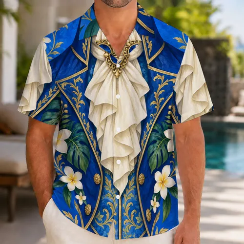 Royal Blue Gold Trim and Jeweled Cravat Costume for Halloween Cosplay Celebrations Hawaiian Shirt
