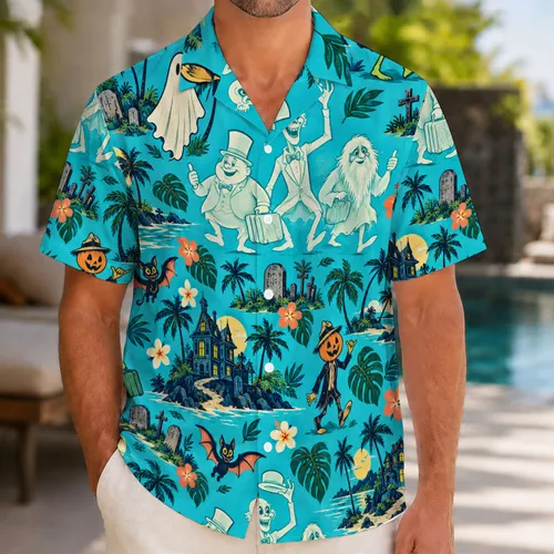 Spooky Ghosts and Haunted House Icons for Halloween Park Trips and Family Getaways Hawaiian Shirt