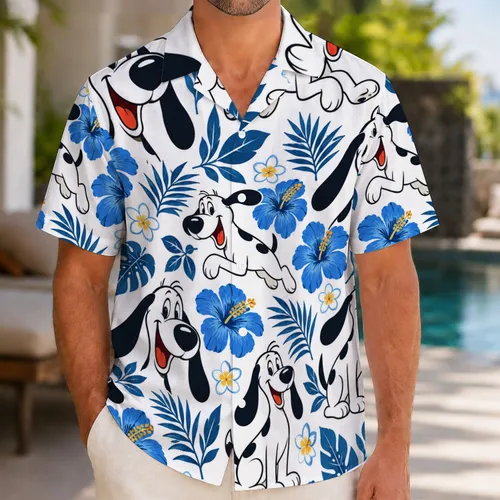 Playful Blue-Eared Cartoon Dog and Tropical Flowers for Sunny Island Vacation Days Hawaiian Shirt