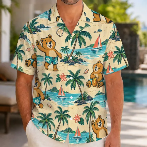 Cheerful Golden Beach Bear and Sailboats for Sunny Island Getaways and Summer Holidays Hawaiian Shirt