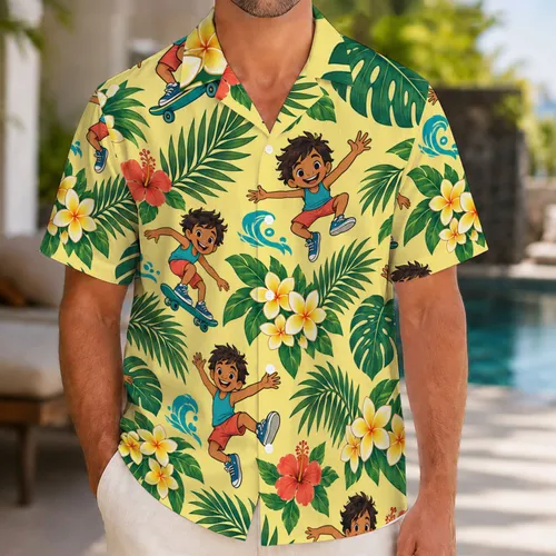 Skateboarding Island Kid with Tropical Blooms for Sunny Beach Vacation Adventures Hawaiian Shirt