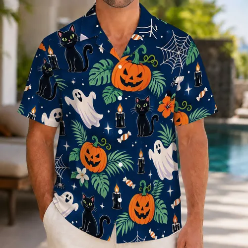 Ghosts, Jack-o’-Lanterns and Black Cats for Spooky Halloween Getaways and Cruise Nights Hawaiian Shirt