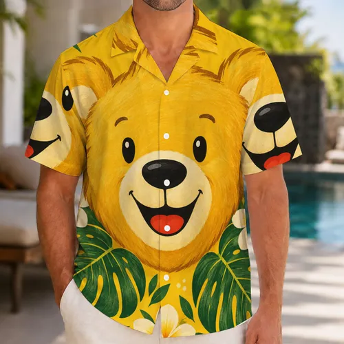 Cheerful Golden Bear Face with Tropical Blooms for Sunny Island Getaways and Vacations Hawaiian Shirt