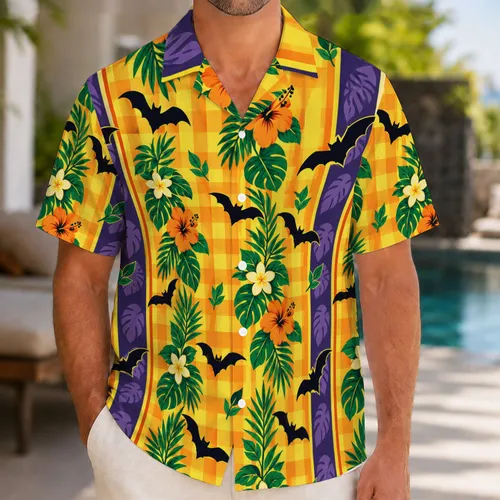Orange Gingham Bats And Purple Stripes For Halloween Theme Park Night Festivities Hawaiian Shirt