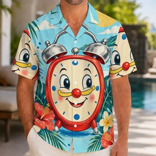 Vintage Alarm Clock Character for Theme Park Days and Whimsical Vacation Outfits Hawaiian Shirt