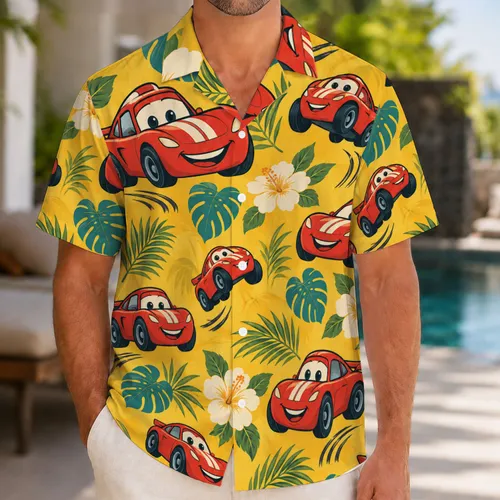 Red Cartoon Race Cars for Tropical Family Vacations and Sunny Summer Beach Adventures Hawaiian Shirt