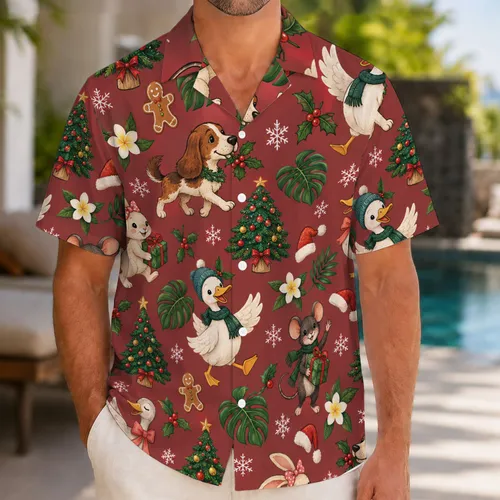 Festive Mouse, Rabbit, Duck and Dog Holiday Celebration for Cozy Christmas Getaways Hawaiian Shirt