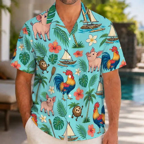 Playful Rooster, Island Pig and Sailboats for Sunny Coastal Getaways and Aloha Days Hawaiian Shirt