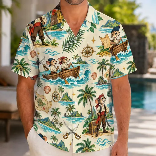 Playful Pirate Mouse Treasure Hunt for Sunny Island Getaways and Coastal Adventures Hawaiian Shirt