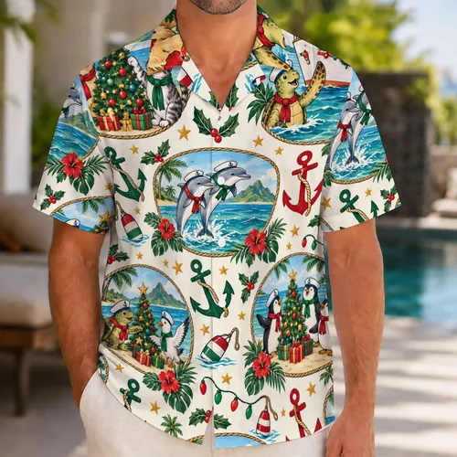 Red Green Nautical Anchors and Holiday Cruise Ship for Festive Family Vacations Hawaiian Shirt