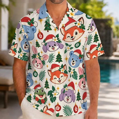 Retro Holiday Cartoon Animal Faces for Festive Winter Getaways and Island Vacations Hawaiian Shirt