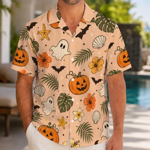 Ghost And Pumpkin Halloween Motifs For Family Cruise Holiday Fun Hawaiian Shirt