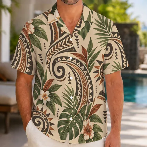 Polynesian Tribal Tattoo Motifs with Tropical Leaves for Island Vacation Cosplay Fans Hawaiian Shirt