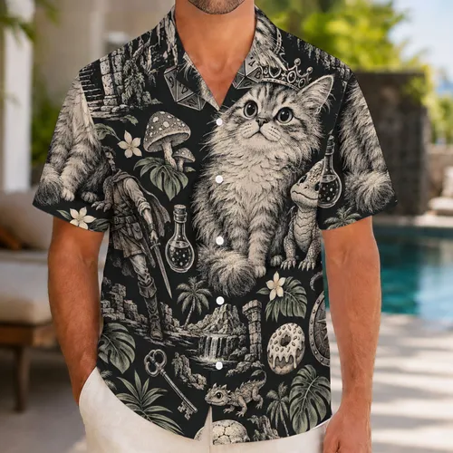 Fantasy Cat And Dungeon Adventurer Gifts For Book Lovers On Relaxing Island Getaways Hawaiian Shirt