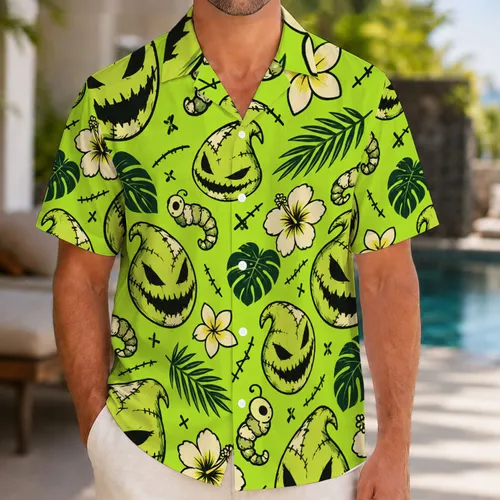 Neon Lime Patchwork Monster Faces for Halloween Theme Park Nights and Costume Parties Hawaiian Shirt