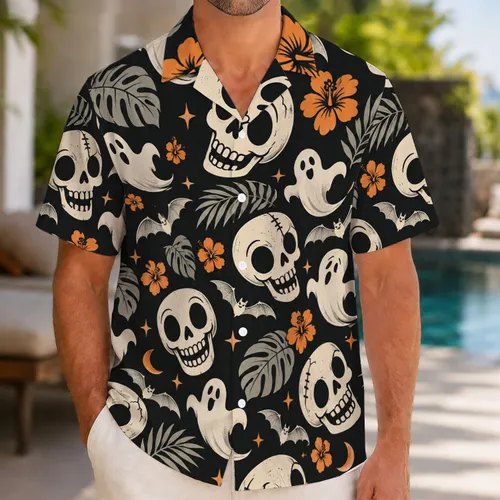 Grinning Skeleton Skulls and Ghosts for Spooky Halloween Resort Celebrations and Parties Hawaiian Shirt