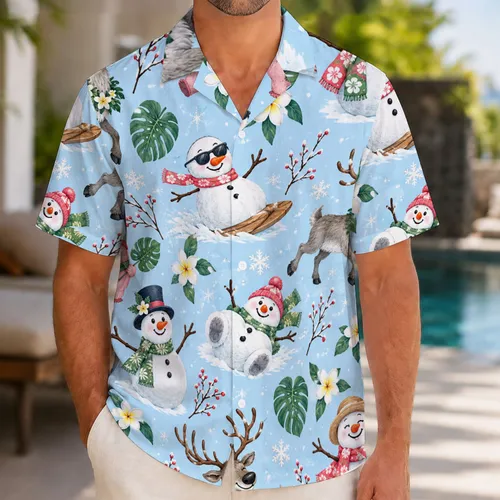 Cheerful Snowman And Reindeer Winter Holiday Getaway For Family Theme Park Fans Trip Hawaiian Shirt