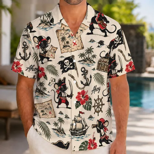 Pirate Mouse and Nautical Icons for a Playful Cruise Vacation Matching Look Hawaiian Shirt