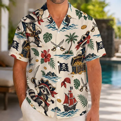 Pirate Raccoon Crew Caribbean Cruise Adventure for Summer Vacation Island Escape Hawaiian Shirt