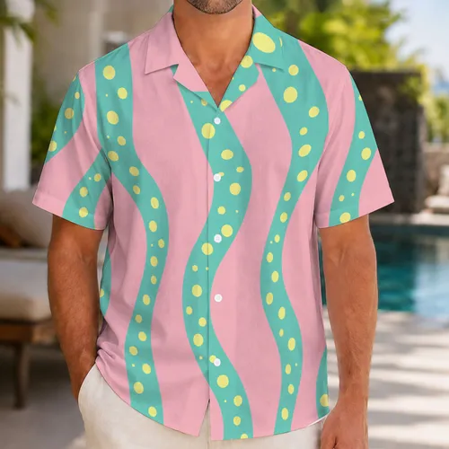Pink Mint Wavy Stripes and Yellow Dots for Beach Vacations and Summer Parties Hawaiian Shirt
