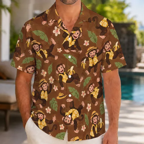 Cheerful Banana-Holding Chimp Motifs for Sunny Island Getaways and Beach Days Hawaiian Shirt