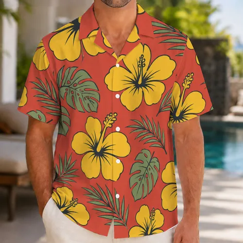 Red and Yellow Tropical Blossoms for Sunny Island Getaways and Kids' Summer Adventures Hawaiian Shirt