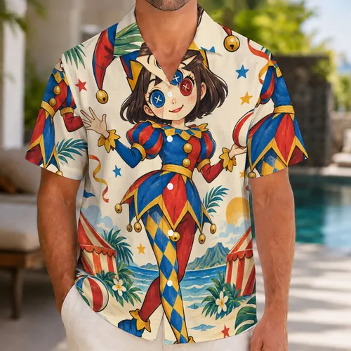 Whimsical Jester Girl Circus Art for Birthday Parties and Sunny Island Getaways Hawaiian Shirt