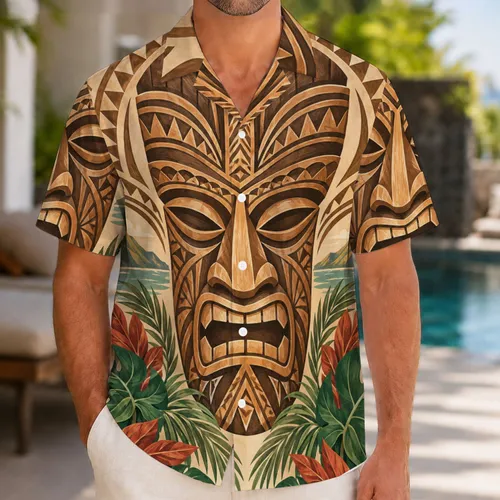 Polynesian Carved Mask And Monstera Leaves For Halloween Island Celebrations Hawaiian Shirt