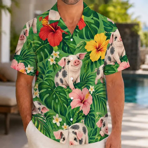 Tropical Spotted Piglets and Hibiscus for Sunny Island Getaways and Family Vacations Hawaiian Shirt