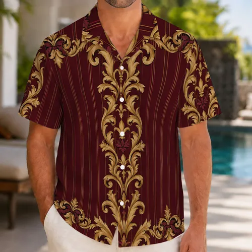 Burgundy Gold Baroque Scrollwork Pinstripe Style for Halloween Cosplay and Costume Events Hawaiian Shirt