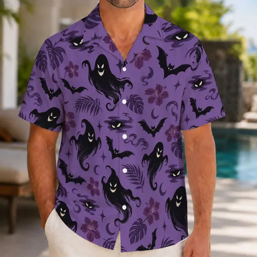 Creepy Hitchhiking Ghosts, Floating Eyes and Bats for Halloween Party Cosplay Fans Hawaiian Shirt