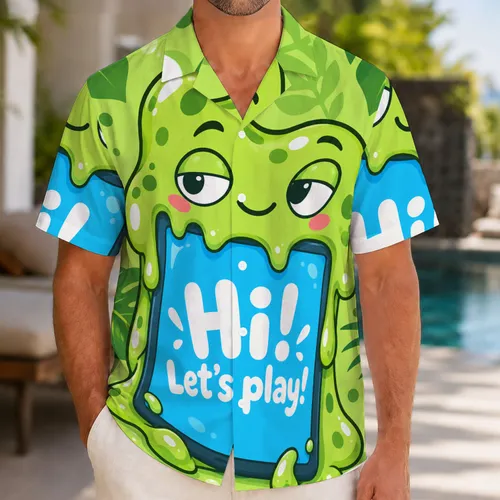 Playful Green Slime Tablet Character for Halloween Fun and Family Costume Party Looks Hawaiian Shirt