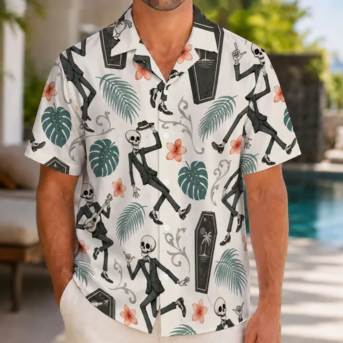 Playful Skeletons And Coffins For Spooky Halloween Island Getaways Hawaiian Shirt