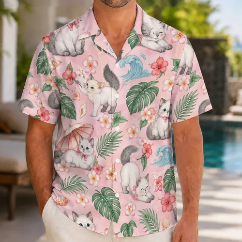 White Kitten Tropical Getaway Style for Cat Lovers and Family Beach Vacation Days Hawaiian Shirt