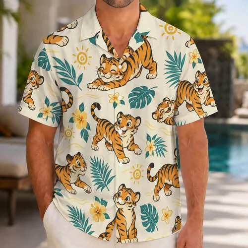 Playful Striped Tiger and Island Waves for Sunny Beach Getaways and Family Vacations Hawaiian Shirt