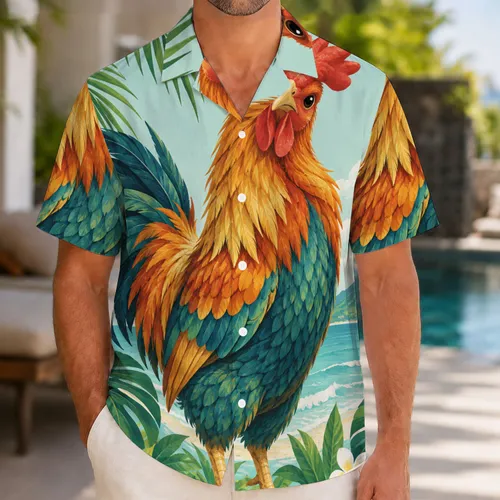 Orange And Teal Tropical Rooster For Halloween Costume Parties And Island Getaways Hawaiian Shirt