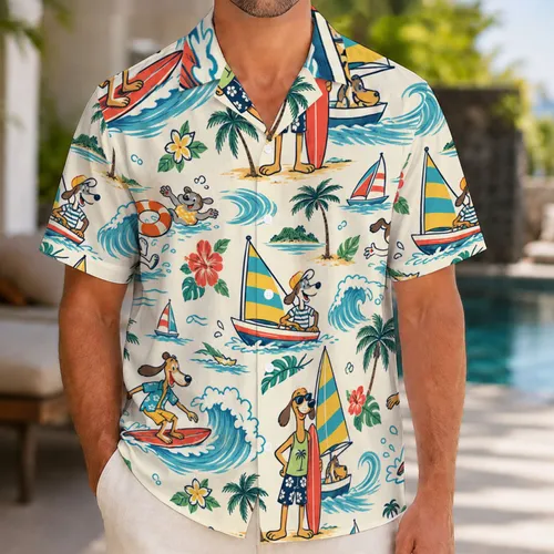 Whimsical Canine Surfers and Sailboats for Sunny Coastal Getaways and Summer Holidays Hawaiian Shirt