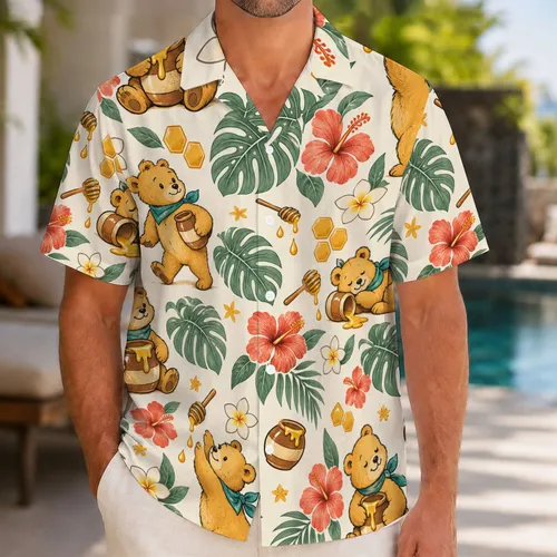 Golden Honey Bear and Tropical Isles for Sunny Beach Getaways and Relaxed Summer Days Hawaiian Shirt